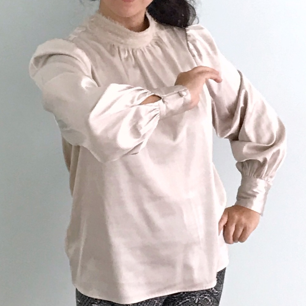 Shiny Satin Romantic Mock Neck Blouse Lace Detail